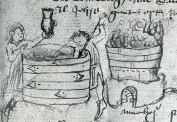 <p>Afbeelding van het brouwproces uit het Kamper stadsboek DecretumDominorum uit 1462. Van Igerman Henrixsz is bekend dat hij brouwer was in Kampen. </p>
